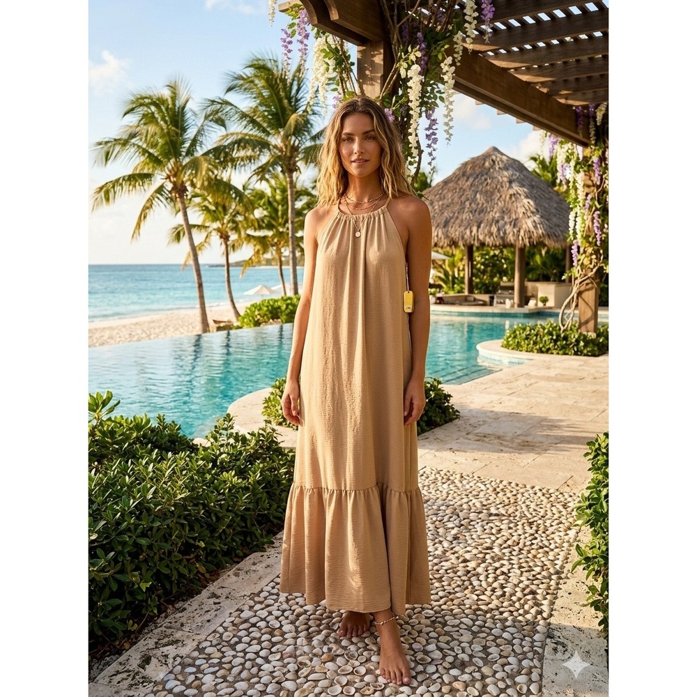 Bohemian Maxi SunDress Size M Beige‎ Relaxed Fit Flowy Peasant Beach Resort